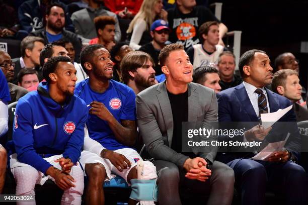 Blake Griffin of the Detroit Pistons with his teammates react to a play from courtside during the game against the Philadelphia 76ers on April 4,...