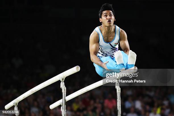 Ashish Kumar of India competes on the parallel bars during the Gymnastics Artistic Men's Team event on day one of the Gold Coast 2018 Commonwealth...