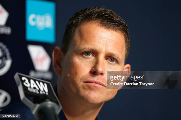 Brendan Bolton, senior coach of Carlton speaks to the media at Ikon Park on April 5, 2018 in Melbourne, Australia.