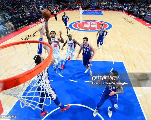 Ish Smith of the Detroit Pistons goes to the basket against the Philadelphia 76ers on April 4, 2018 at Little Caesars Arena in Detroit, Michigan....