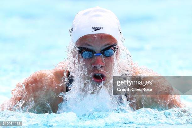 Rachel Nicol of Canada competes during the Women's 50m Breaststroke Heat 2 on day one of the Gold Coast 2018 Commonwealth Games at Optus Aquatic...