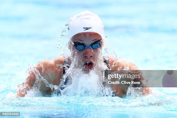 Rachel Nicol of Canada competes during the Women's 50m Breaststroke Heat 2 on day one of the Gold Coast 2018 Commonwealth Games at Optus Aquatic...