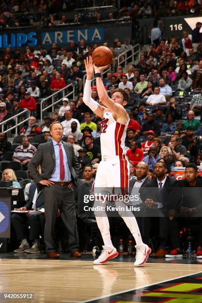 Luke Babbitt of the Miami Heat shoots the ball against the Atlanta Hawks on April 4, 2018 at Philips Arena in Atlanta, Georgia. NOTE TO USER: User...