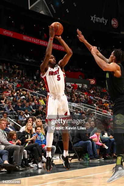 Derrick Jones Jr. #5 of the Miami Heat shoots the ball against the Atlanta Hawks on April 4, 2018 at Philips Arena in Atlanta, Georgia. NOTE TO USER:...
