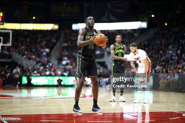 Taurean Prince of the Atlanta Hawks shoots the ball against the Miami Heat on April 4, 2018 at Philips Arena in Atlanta, Georgia. NOTE TO USER: User...