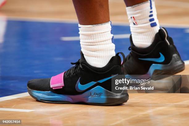 Sneakers of Stanley Johnson of the Detroit Pistons during game against the Philadelphia 76ers on April 4, 2018 at Little Caesars Arena in Detroit,...