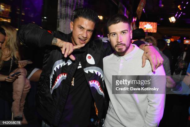 Television personalities Paul 'Pauly D' DelVecchio and Vinny Guadagnino attend MTV's "Jersey Shore Family Vacation" New York premiere party at PHD at...
