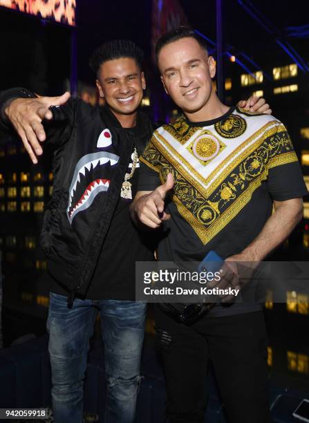 Television personality Paul 'Pauly D' DelVecchio and Mike Sorrentino attend MTV's "Jersey Shore Family Vacation" New York premiere party at PHD at...