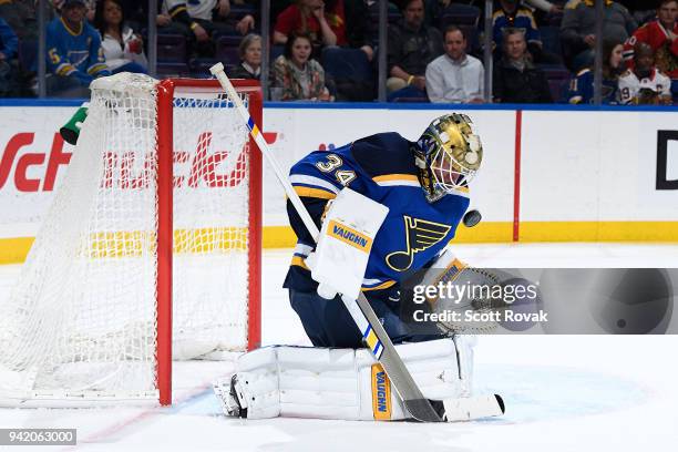 Jake Allen of the St. Louis Blues blocks a shot made from the Chicago Blackhawks at Scottrade Center on April 4, 2018 in St. Louis, Missouri.