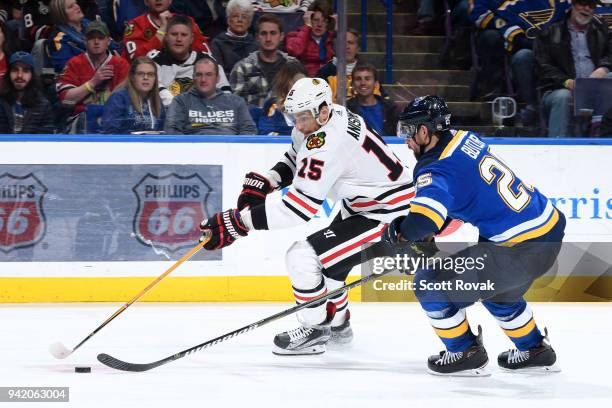 Chris Butler of the St. Louis Blues defends against Artem Anisimov of the Chicago Blackhawks at Scottrade Center on April 4, 2018 in St. Louis,...