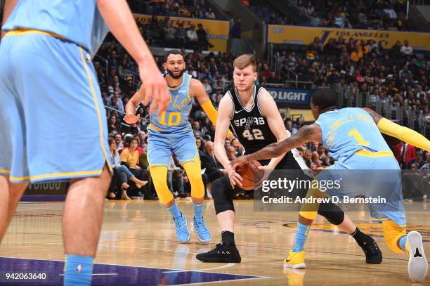 Davis Bertans of the San Antonio Spurs handles the ball against the Los Angeles Lakers on April 4, 2018 at STAPLES Center in Los Angeles, California....