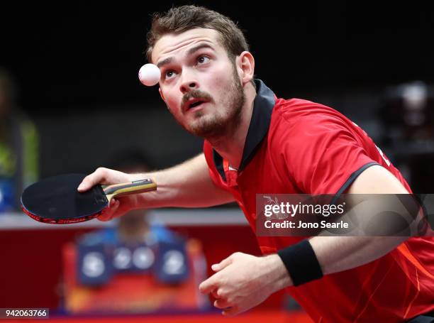 Samuel Walker of England competes during the Table Tennis men team round against Ghana on day one of the Gold Coast 2018 Commonwealth Games at...