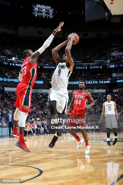 MarShon Brooks of the Memphis Grizzlies goes to the basket against the New Orleans Pelicans on April 4, 2018 at Smoothie King Center in New Orleans,...