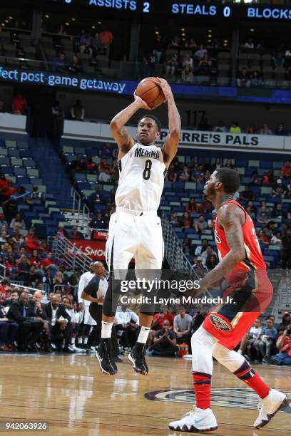 MarShon Brooks of the Memphis Grizzlies shoots the ball against the New Orleans Pelicans on April 4, 2018 at Smoothie King Center in New Orleans,...