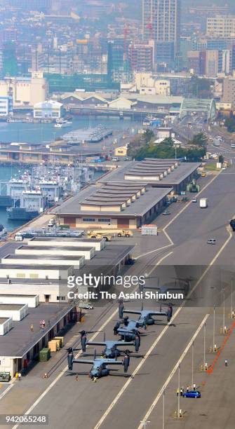 In this aerial image, CV-22 Ospreys are seen at the Yokohama North Dock after arrived on a container vessel on April 4, 2018 in Yokohama, Kanagawa,...