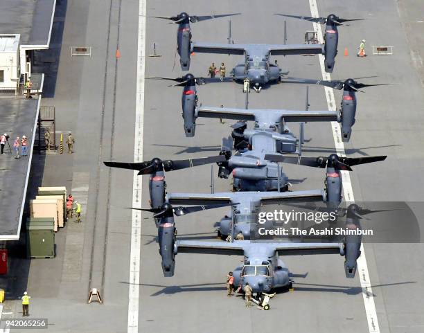 In this aerial image, CV-22 Ospreys are seen at the Yokohama North Dock after arrived on a container vessel on April 4, 2018 in Yokohama, Kanagawa,...