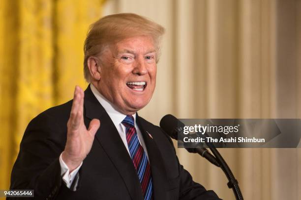 President Donald Trump attends a joint news conference in the East Room of the White House April 3, 2018 in Washington, DC. Marking their 100th...