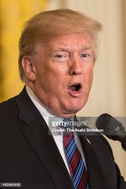 President Donald Trump attends a joint news conference in the East Room of the White House April 3, 2018 in Washington, DC. Marking their 100th...