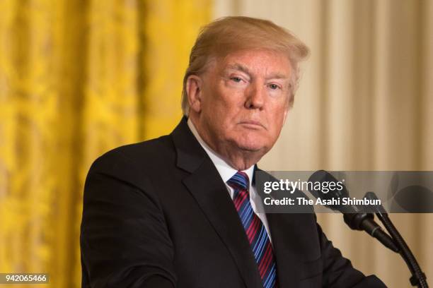 President Donald Trump attends a joint news conference in the East Room of the White House April 3, 2018 in Washington, DC. Marking their 100th...