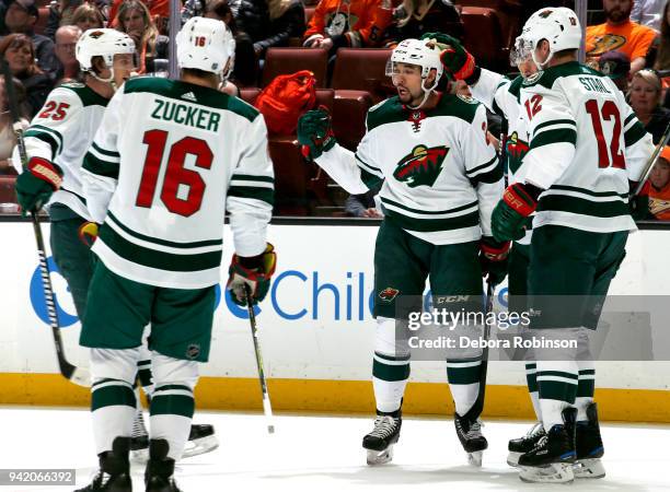 Matt Dumba, Jonas Brodin, Jason Zucker, and Eric Staal of the Minnesota Wild celebrate a goal in the second period of the game against the Anaheim...