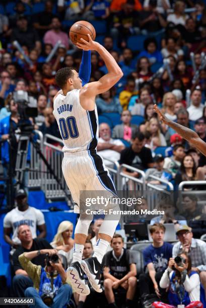 Aaron Gordon of the Orlando Magic shoots the ball during the game against the Dallas Mavericks on April 4, 2018 at Amway Center in Orlando, Florida....