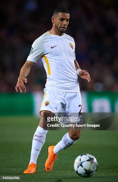 Bruno Peres of Roma in action during the UEFA Champions League Quarter Final first leg match between FC Barcelona and AS Roma at Camp Nou on April 4,...