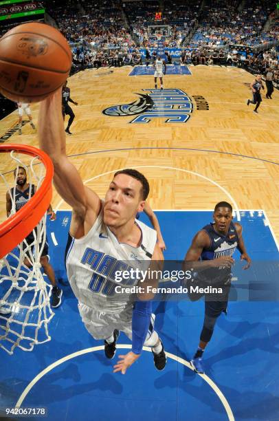 Aaron Gordon of the Orlando Magic dunks the ball during the game against the Dallas Mavericks on April 4, 2018 at Amway Center in Orlando, Florida....