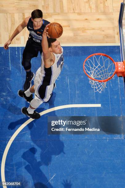 Aaron Gordon of the Orlando Magic dunks the ball during the game against the Dallas Mavericks on April 4, 2018 at Amway Center in Orlando, Florida....