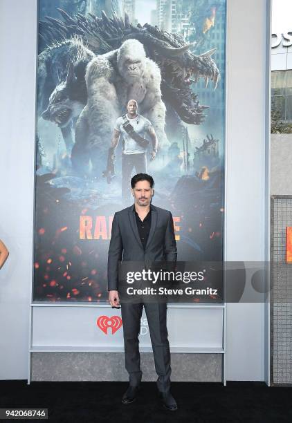 Joe Manganiello arrives at the Premiere Of Warner Bros. Pictures' "Rampage" at Microsoft Theater on April 4, 2018 in Los Angeles, California.