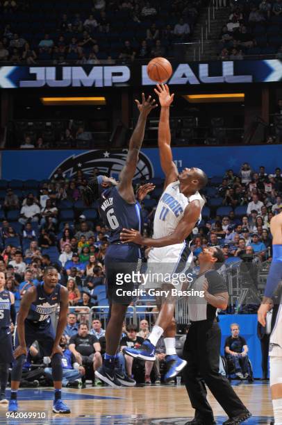 Bismack Biyombo of the Orlando Magic reaches for the jump ball during the game against the Dallas Mavericks on April 4, 2018 at Amway Center in...