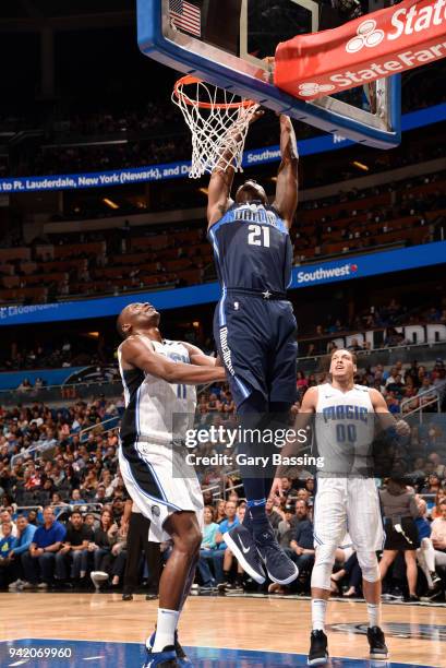 Jalen Jones of the Dallas Mavericks dunks the ball during the game against the Orlando Magic on April 4, 2018 at Amway Center in Orlando, Florida....