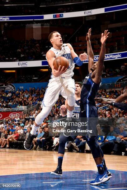 Aaron Gordon of the Orlando Magic shoots the ball during the game against the Dallas Mavericks on April 4, 2018 at Amway Center in Orlando, Florida....