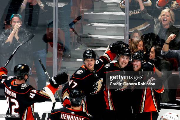 Hampus Lindholm, Nick Ritchie, Ondrej Kase, and Josh Manson of the Anaheim Ducks celebrate Kase's third period goal during the game against the...