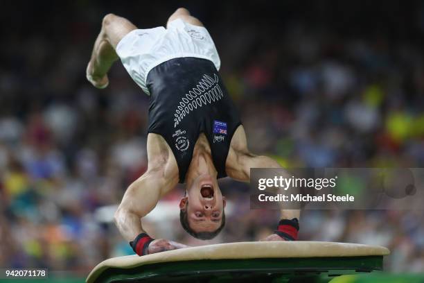 Mikhail Koudinov of New Zealand competes in the vault during the Gymnastics Artistic men's team final on day one of the Gold Coast 2018 Commonwealth...