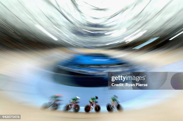 South Africa compete in the Women's 4000m Team Pursuit Qualifying during the Cycling on day one of the Gold Coast 2018 Commonwealth Games at Anna...