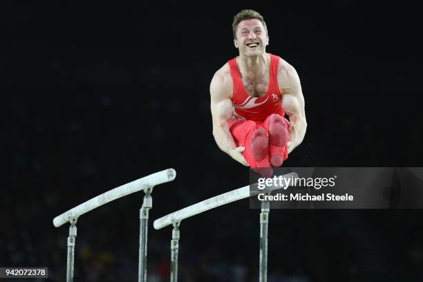 Clinton Purnell of Wales competes on the parallel bar during the Gymnastics Artistic men's team final on day one of the Gold Coast 2018 Commonwealth...