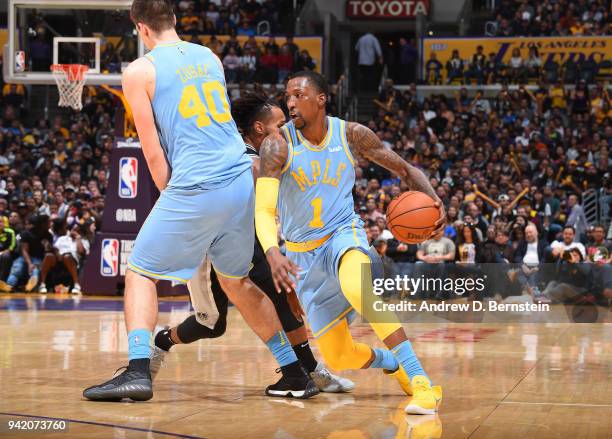 Kentavious Caldwell-Pope of the Los Angeles Lakers handles the ball against the San Antonio Spurs on April 4, 2018 at STAPLES Center in Los Angeles,...