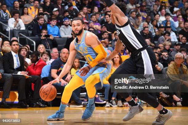 Tyler Ennis of the Los Angeles Lakers handles the ball against the San Antonio Spurs on April 4, 2018 at STAPLES Center in Los Angeles, California....
