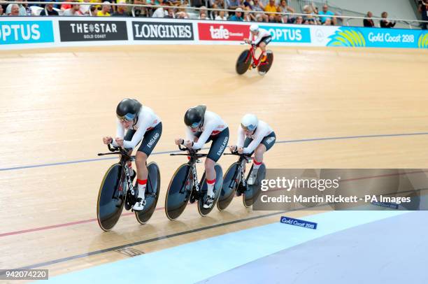 England's Emily Nelson, Rebecca Raybould, Eleanor Dickinson and Emily Kay compete in the Women's 4000m Team Pursuit Qualifying at the Anna Meares...