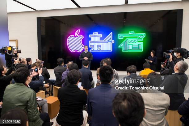 Apple Senior Market Director Denny Tuza speaks during a media preview of the Apple Shinjuku store on April 5, 2018 in Tokyo, Japan. Apple Japan held...