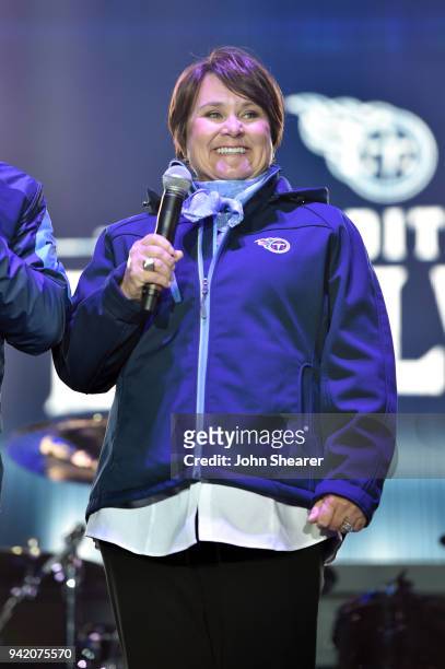 Amy Adams Strunk speaks onstage during "Tradition Evolved" concert event in downtown Nashville to celebrate The Titans new 2018 uniforms on April 4,...