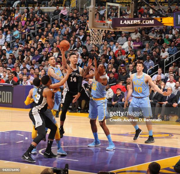 Danny Green of the San Antonio Spurs goes for a lay up against the Los Angeles Lakers on April 4, 2018 at STAPLES Center in Los Angeles, California....