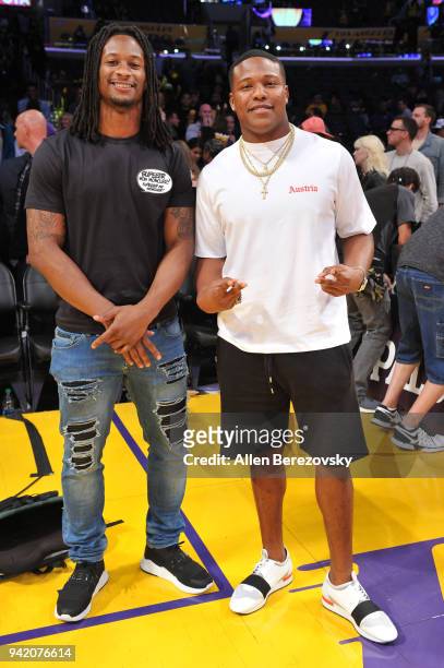 Todd Gurley attends a basketball game between the Los Angeles Lakers and the San Antonio Spurs at Staples Center on April 4, 2018 in Los Angeles,...