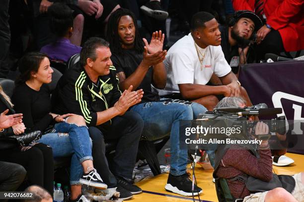 Todd Gurley attends a basketball game between the Los Angeles Lakers and the San Antonio Spurs at Staples Center on April 4, 2018 in Los Angeles,...