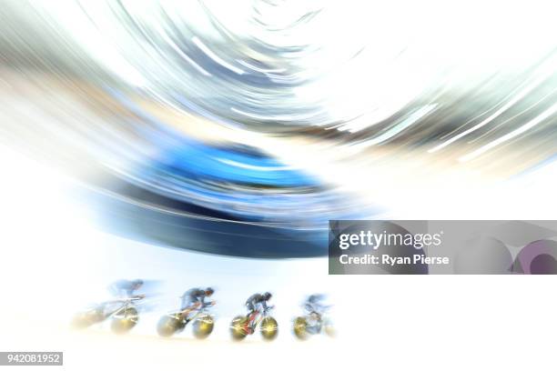 New Zealand compete in the Men's 4000m Team Pursuit Qualifying during the Cycling on day one of the Gold Coast 2018 Commonwealth Games at Anna Meares...