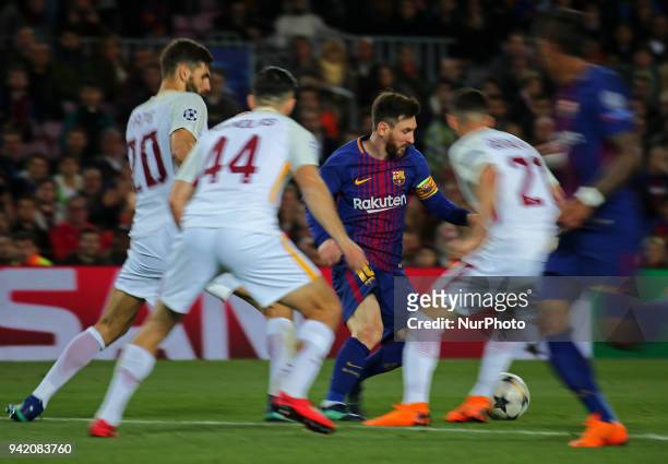 Leo Messi, Federico Fazio, Maxime Gonalons and Konstantinos Manolas during the match between FC Barcelona and AS Roma, for the first leg of the 1/4...