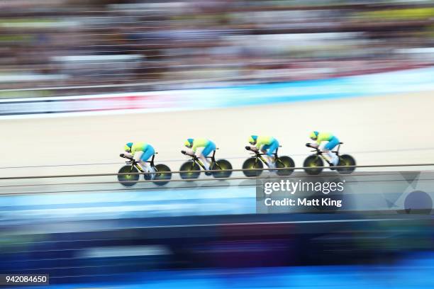 Australia compete in the Men's 4000m Team Pursuit Qualifying during the Track Cycling on day one of the Gold Coast 2018 Commonwealth Games at Anna...