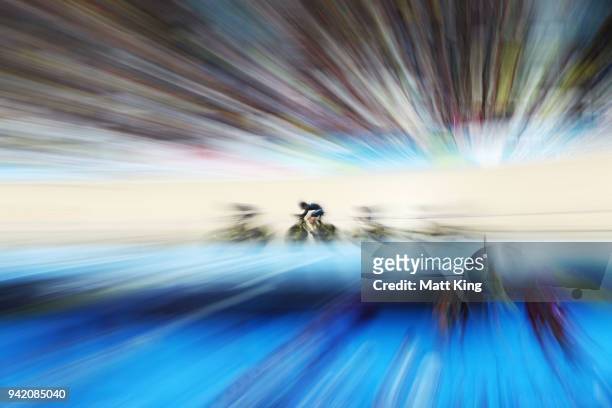 Malaysia compete in the Men's 4000m Team Pursuit Qualifying during the Track Cycling on day one of the Gold Coast 2018 Commonwealth Games at Anna...