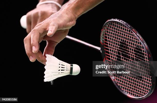 Detail view of a badminton raquet and shuttlecock during the Badminton Mixed Team Group Play Stage - Group A on day one of the Gold Coast 2018...