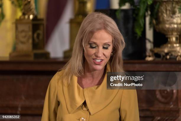 White House Counselor Kellyanne Conway was in attendance for the joint press conference of U.S. President Donald Trump and Baltic Heads of State in...